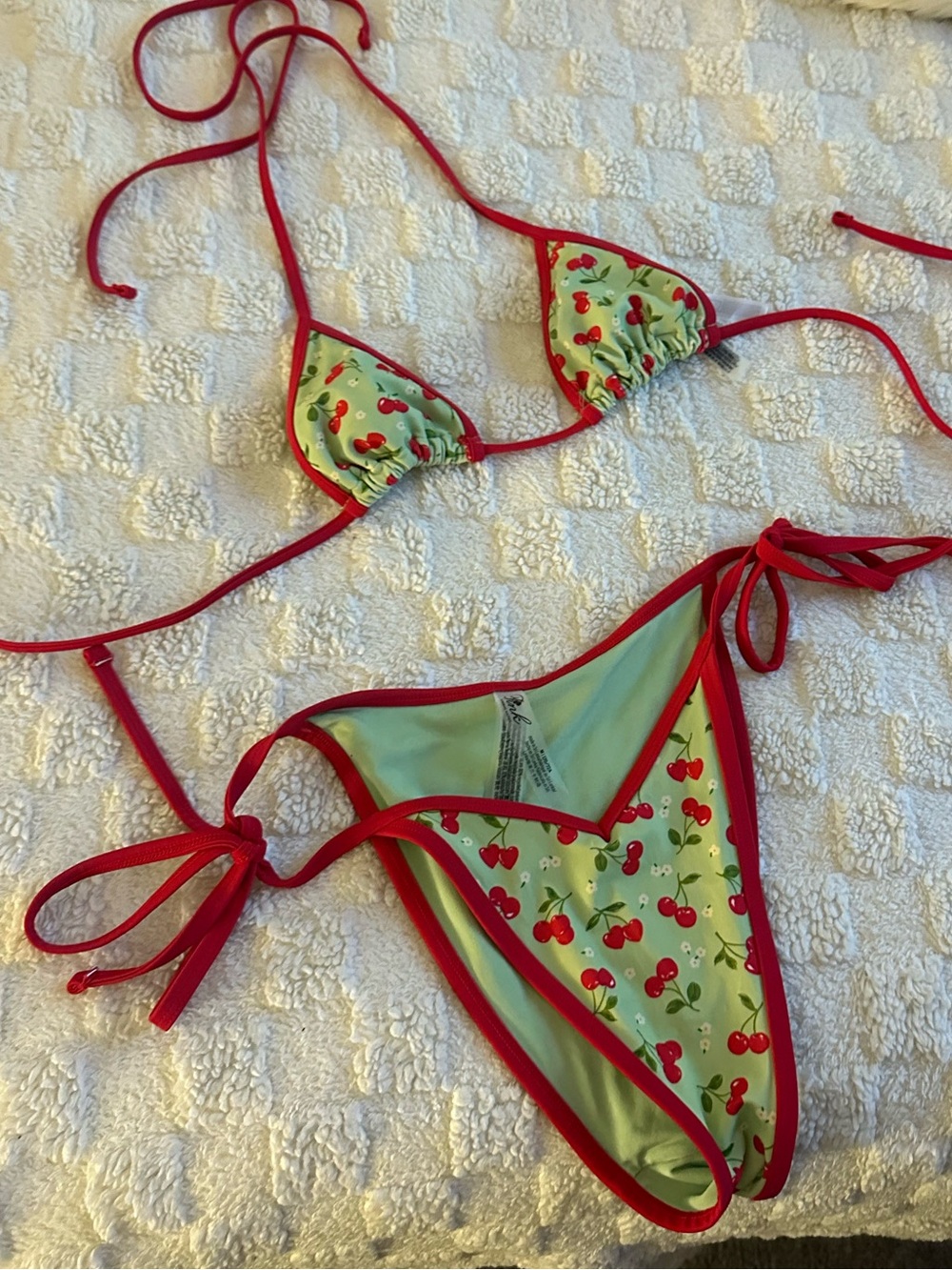 Frankie's Bikinis Cherry Print Triangle Bikini in Mint and Red SMALL - Picture 6 of 8